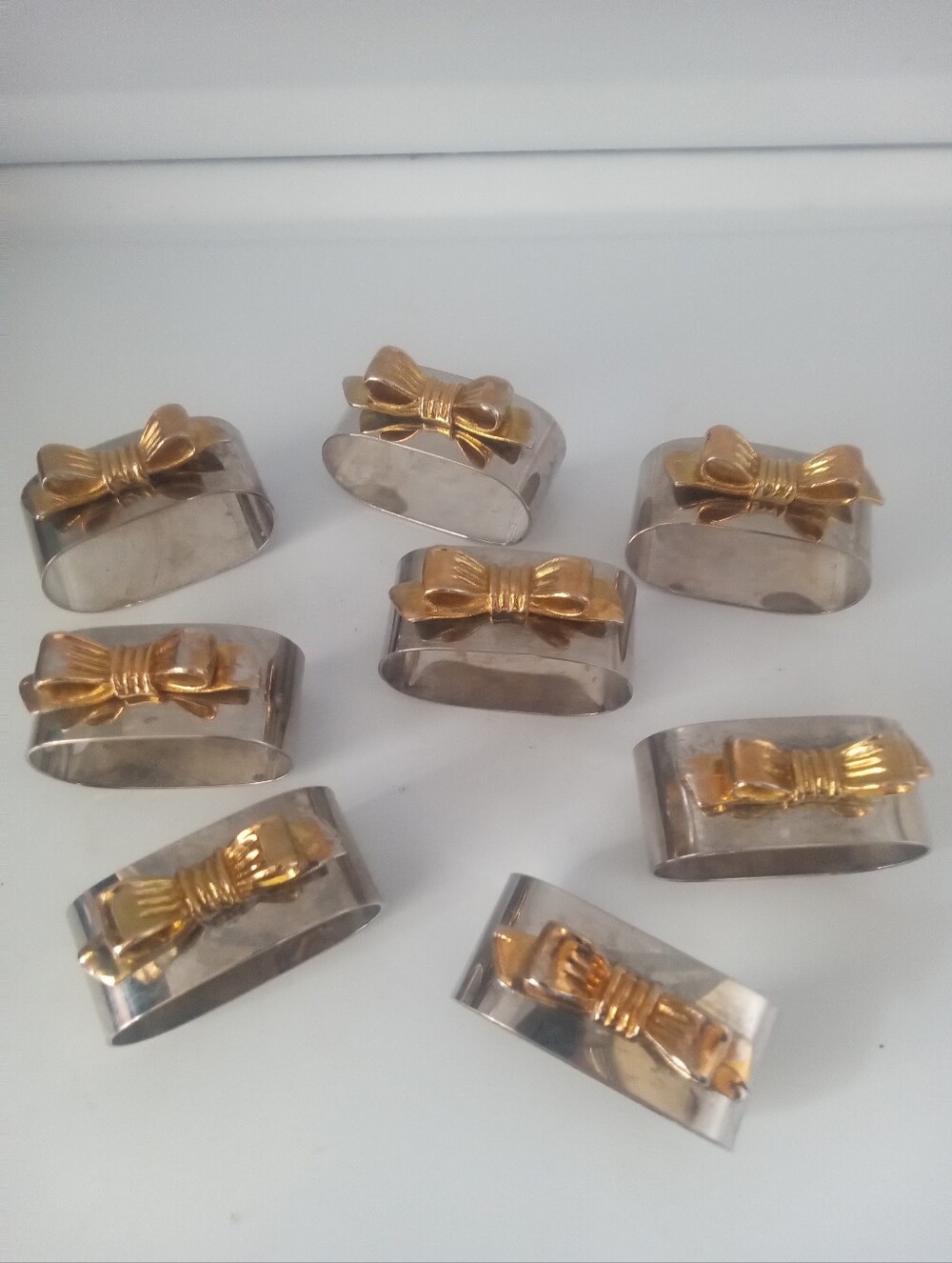 Gold Bow Silver Napkin Rings - Set of 8 Vintage Two Tone
